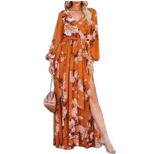 Floral Print Lace-Up Ruffled V Neck Maxi Dress with a Slit